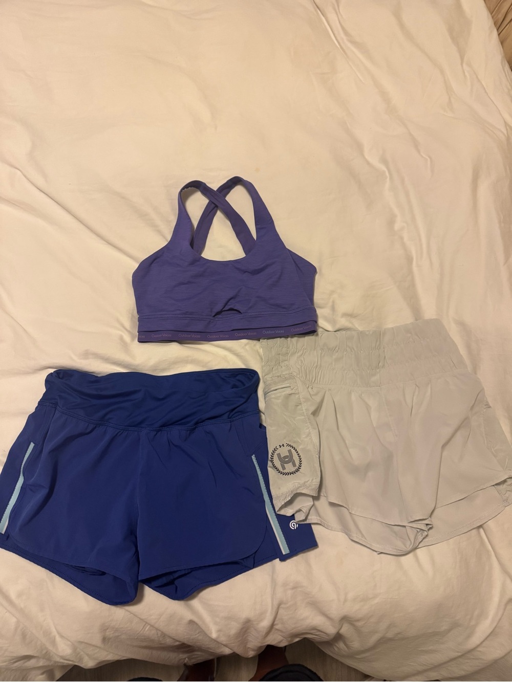 Outdoor Voices Women's Athletic Shorts & Bra Set - Purple, Blue & Light Gray